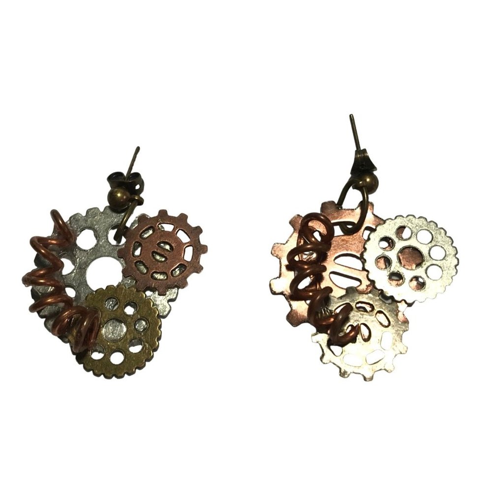 Steampunk Handmade Mixed Metal Gear Stud Earrings Copper Brass Silver Tone